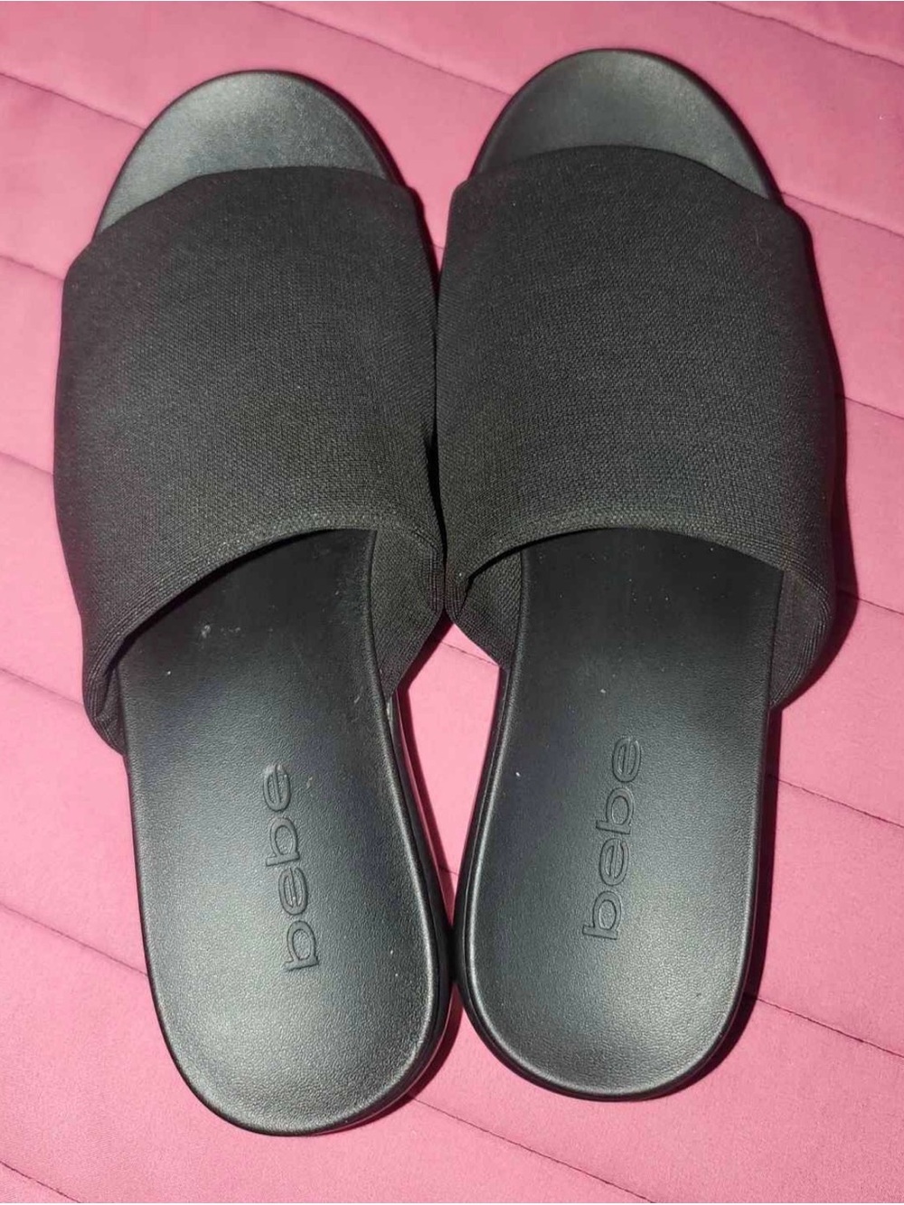 bebe Black Slide Sandals with Wide Fabric Band